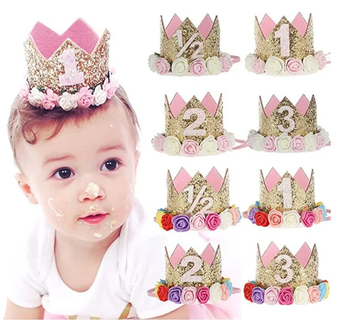 

First Birthday Girl Party Flower Hats Pink Princess Crown 1st 2nd Year Old Number Baby Kids Hair Accessory Birthday Party Decors