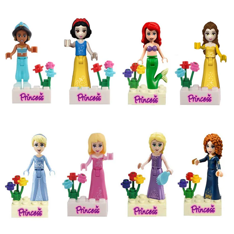 

Girl Princess Figure Mermaid Snow White Belle Jasmine Cinderella Princess Blocks Compatible Friends Figurines 8pcs