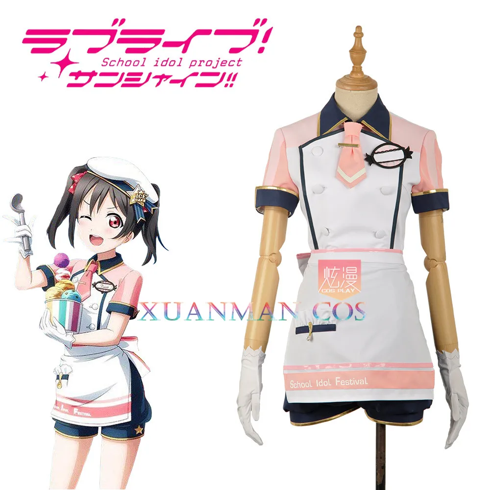 

Love Live! Yazawa Nico Cosplay Costume Ice Cream Unawakened Custom Women Pink Maid Unifrom Girl Skirt Apron Short Dress Socks