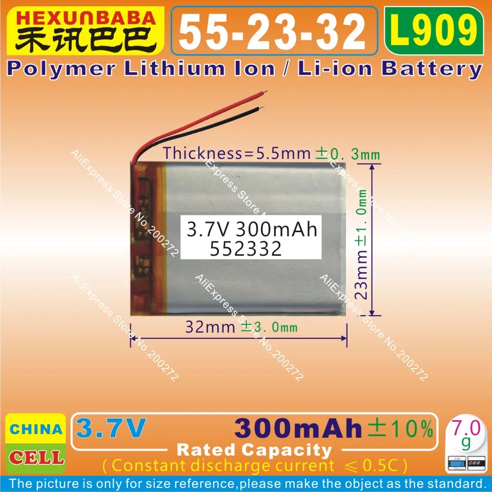 

5pcs [L909] 3.7V 300mAh [552332] PLIB; polymer lithium ion / Li-ion battery for BLUETOOTH,mp4,cell phone,GPS,toy,mp3