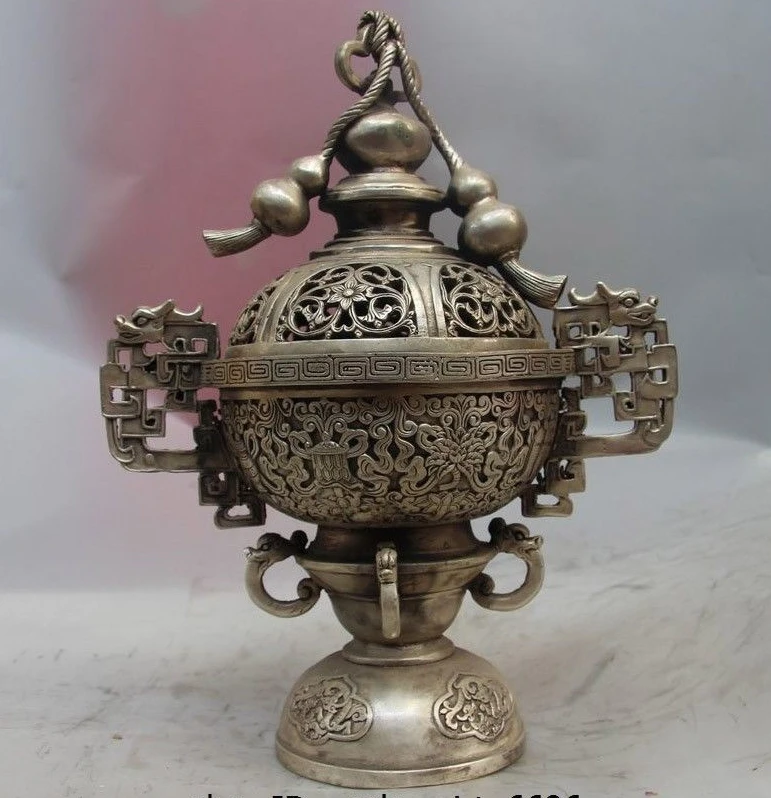 

Chinese White Copper Silver Bottle Gourd Eight treasures Incense Burner Censer