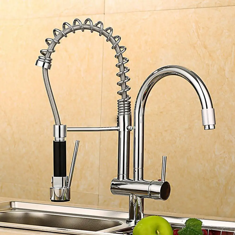 Double Holes Spouts Kitchen Faucet Deck Mounted Sink Mixer Tap Water