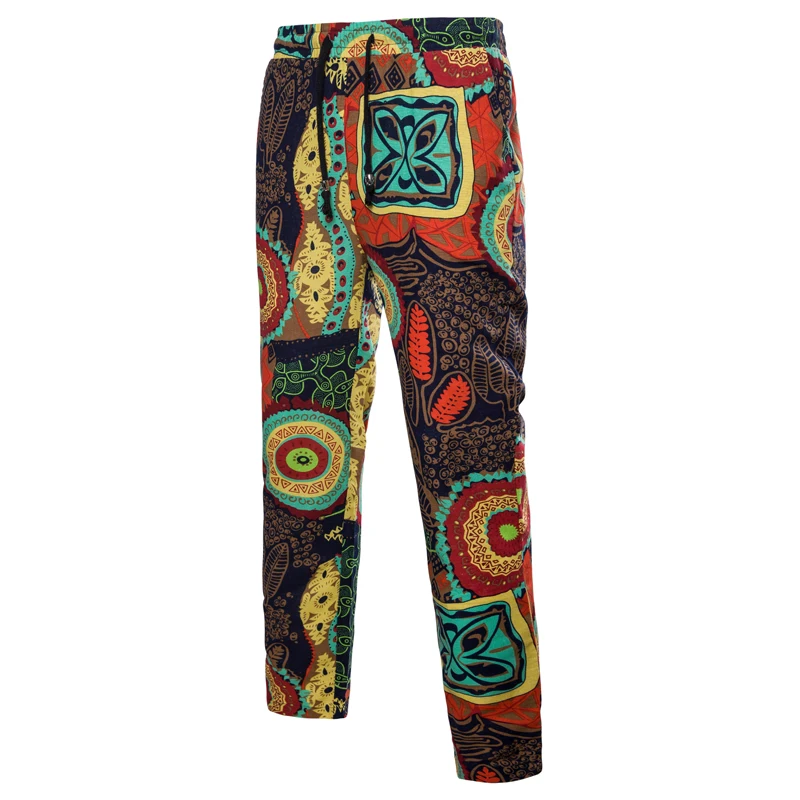 

Spring Men Pants Male Trousers With Drawstring Men Linen Fashion Casual Slim Thin National Style Multicolor Floral Print Pants