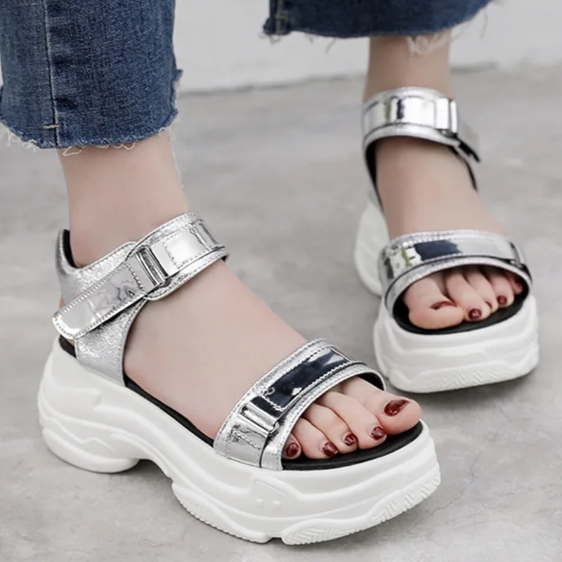 

Platform Women's Sandals PU Leather Silver Casual Fashion Hook&Loop Ladies Shoes Wedge Sandals Women Beach Shoes YJ-28