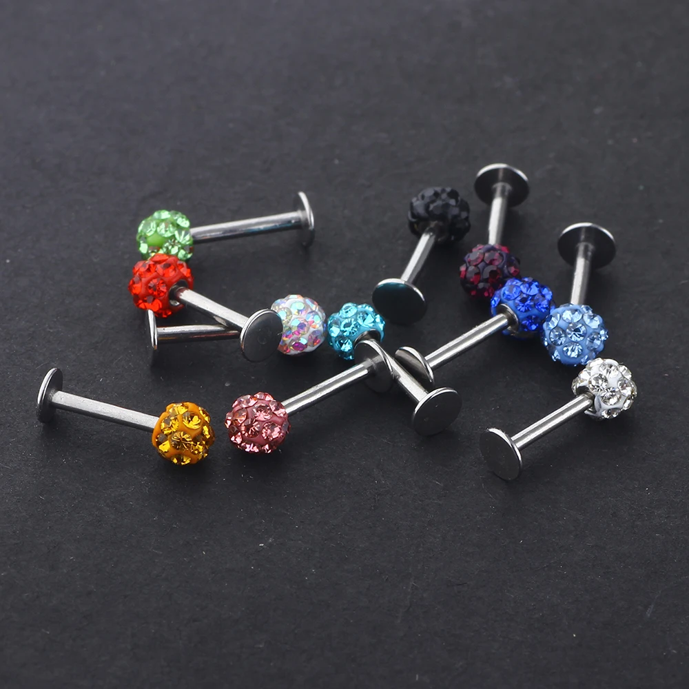 JUNLOWPY Labret Ring 16G 6/8/10mm Crystal Ball Surgical Stainless Steel Ball Tragus Bar Ear Body Piercing Jewelry Lip Ring 30PCS