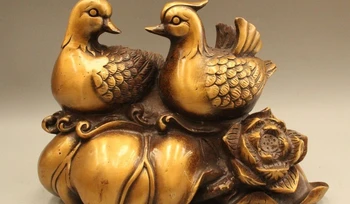

10" Chinese Folk Brass Cute Male Female Mandarin duck Bird Lotus Flower Statue