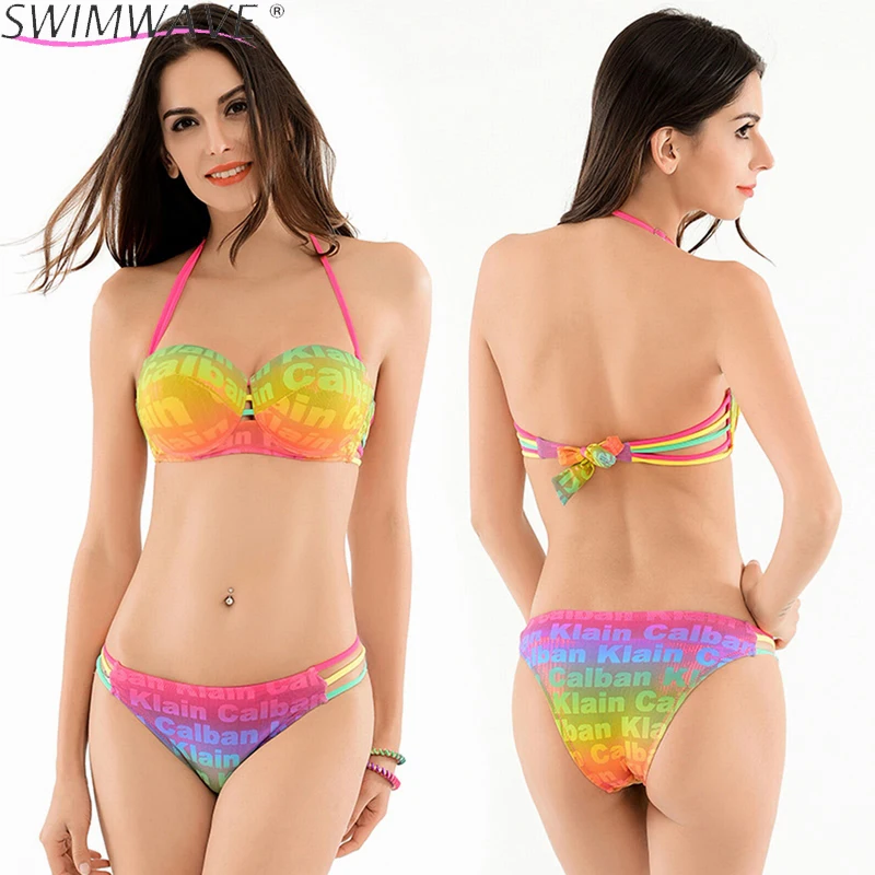 

Bikini Women Sexy Bright Colorful Bathing Suit Women Push Up Bikini Set Beach Strap Halter Top Swimsuit Swimwear Female