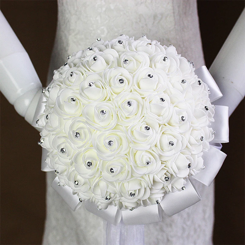 

2018 boeket zijde bloemen Bridesmaid Wedding Foamflowers White Rose Bridal bouquet White Satin Romantic Wedding bouquet