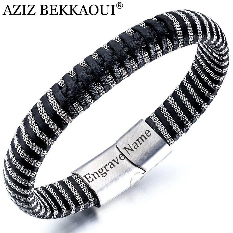 

AZIZ BEKKAOUI Personalized Steel Mesh Leather Bracelet Black Punk Engrave Name Stainless Steel Cowhide Bracelets Jewelry Gift