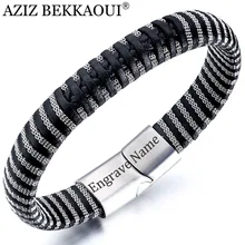 Азиз Аль Сауд BEKKAOUI персонализированные Сталь сетки кожаный браслет черного цвета в стиле панк выгравированное имя Нержавеющая сталь воловья кожа браслет, украшение, подарок