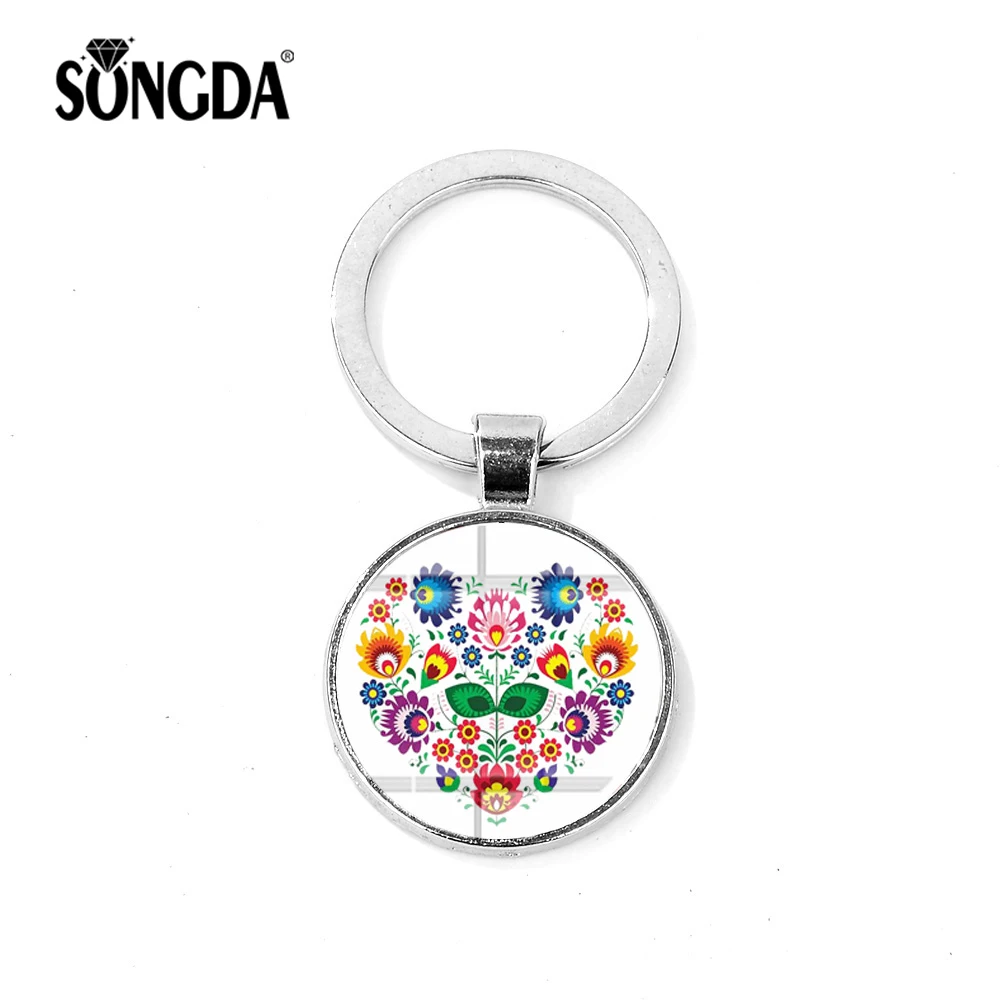 

SONGDA High Quality Polish Folk Pattern Alloy Keychain Bohemia Plant Animal Glass Photo Cabochon Key Chain Ring Handmade Jewelry