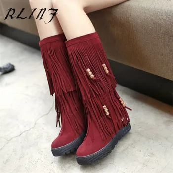 

RLINF New Platform Flat with Tassel Boots Flat Fashion Retro Beaded Warm High Boots Women's Boots