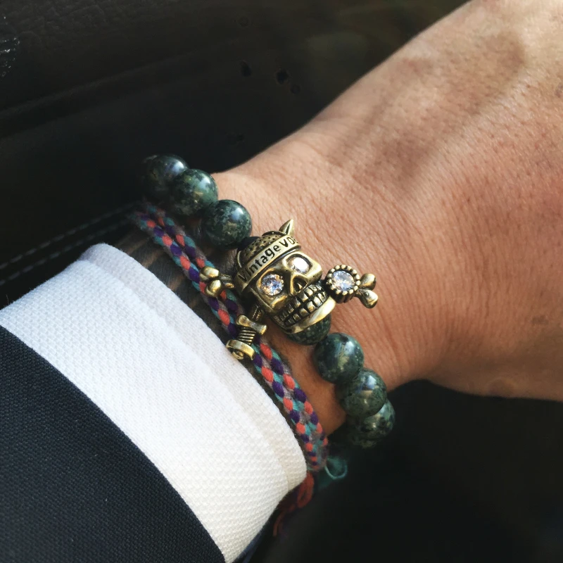 Mcllroy Bracelet Men Natural Stone Beads Gold Skull Skeleton Natural Stone Beads Gold Skull