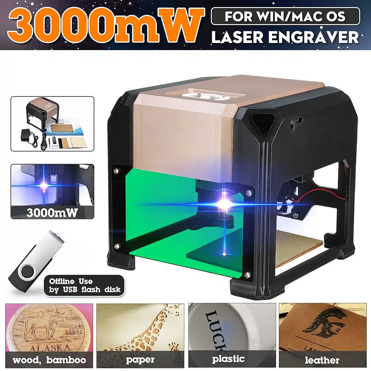 3000MW Desktop Laser Engraving Machine Logo Marking FOR WIN/Mac OS System Wood Router CNC Laser Carving Machine Range 80x80mm