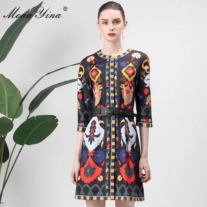 

MoaaYina Fashion Designer Runway Dress Spring Women's Dress Half sleeve Floral-Print Belt Casual Elegant Dresses Vestidos