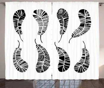 

Feather Curtains Bohemian Style Composition of Feathers Monochrome Arrangement of Ethnic Motifs Living Room Bedroom Window