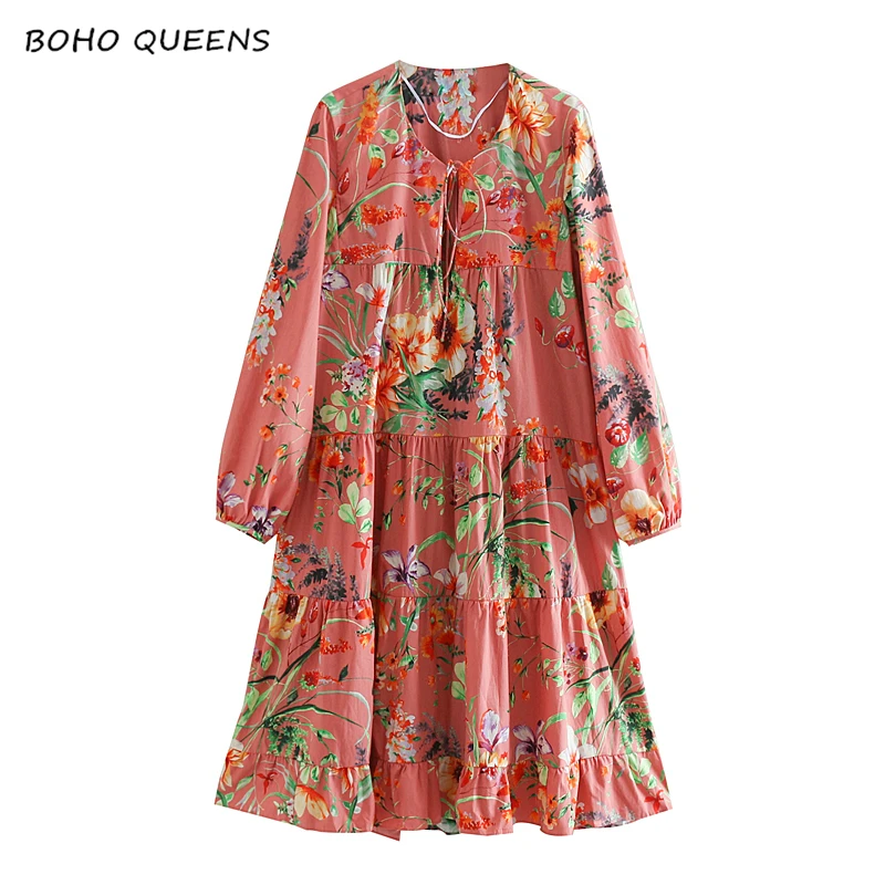 

Vintage Chic Boho dress long sleeve Floral print beach Bohemian v-neck lace-up Midi dress Ladies Summer dress vestidos
