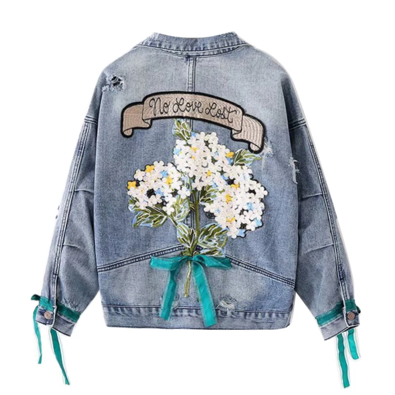 

PERHAPS U Women Short Cropped Denim Blue Jacket Button Long Sleeves Turn Down Collar Letter Floral Embroidery Hole C0072