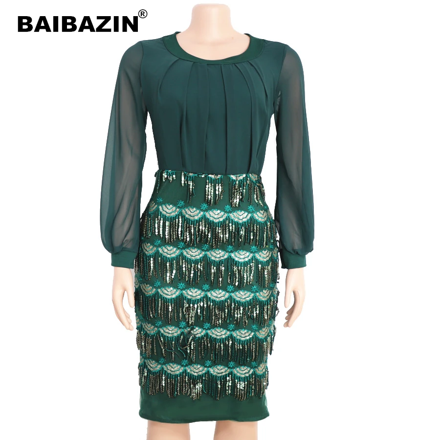 

BAIBAZIN African Women's Dashiki Chiffon Sequined Long Sleeve Dress