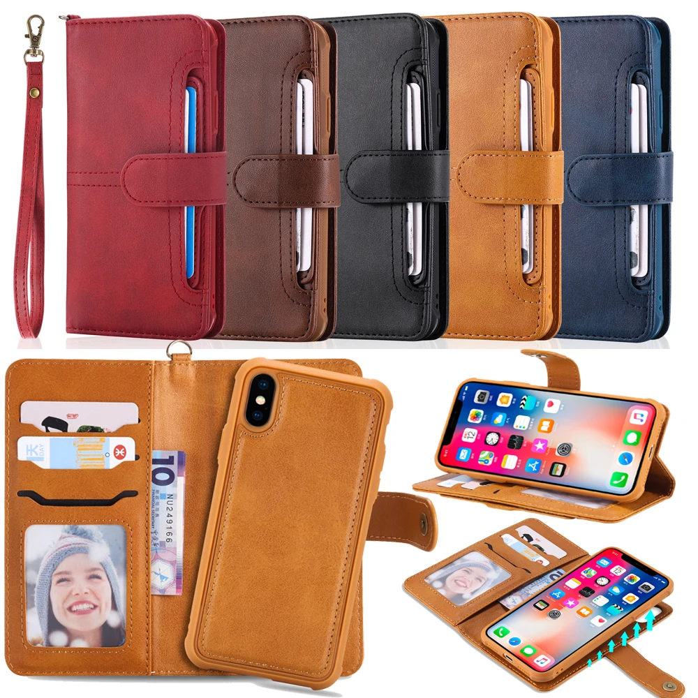 Для iPhone 11 Pro X XS Max 8 7 6S Plus Samsung Note 10 S10 S9 + кошелек из натуральной PU кожи 2в1 Магнитный