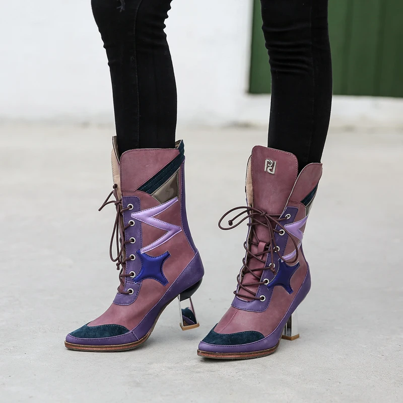 

2018 European and American autumn winter Mixed Color cross strap Women's Boots Pointed Toe Cow Leather strange heel half boots