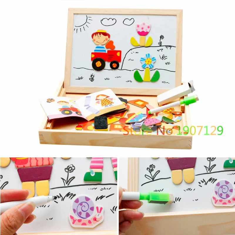 Multifunctional Wooden Toys Educational Magnetic Puzzle Farm Jungle Animal Kids Jigsaw Baby Blackboard Drawing Board Easel Board 4