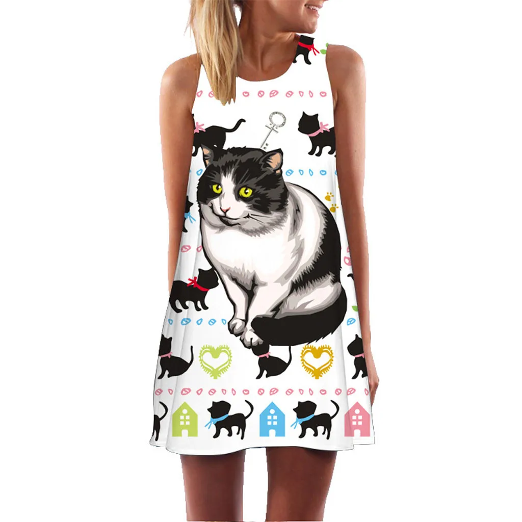 

2019 new fashion women's suspender dress retro boho summer sleeveless beach cute cat print sleeveless short mini dress hot sale