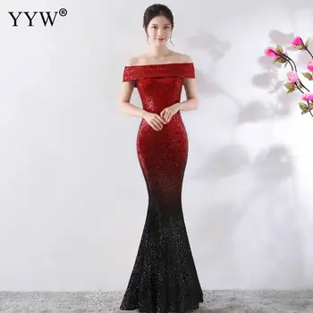 

Women Luxury Black & Gold Gradient Sequined Mermaid Dress Sexy Off Shoulder Long Evening Dress Ladies Elegant Club Party Dresses