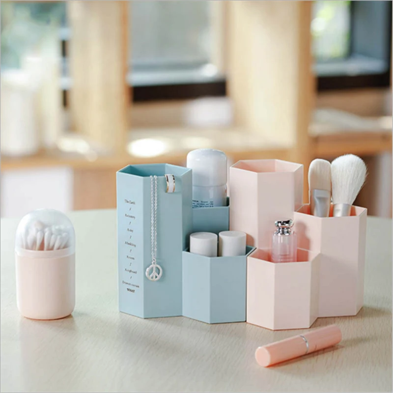 

Multi-function 3 Grid Hexagon Desktop Pen Holder Cosmetic Storage Case Make Up Brush Plastic Box Desk Pen Pencil Organizer