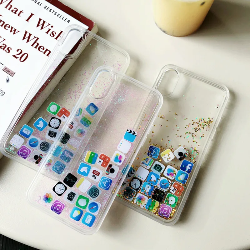 Mobile Apps Icon Patterned Bling Liquid Clear Quicksand Case Cover For iPhone X (2)