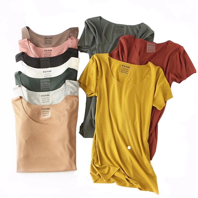 

Summer Solid Color Basic Tees Women High Stretch Slim Fit T-shirts Loose Round Neck Tops Short Sleeved 10 Colors Korean Fashion
