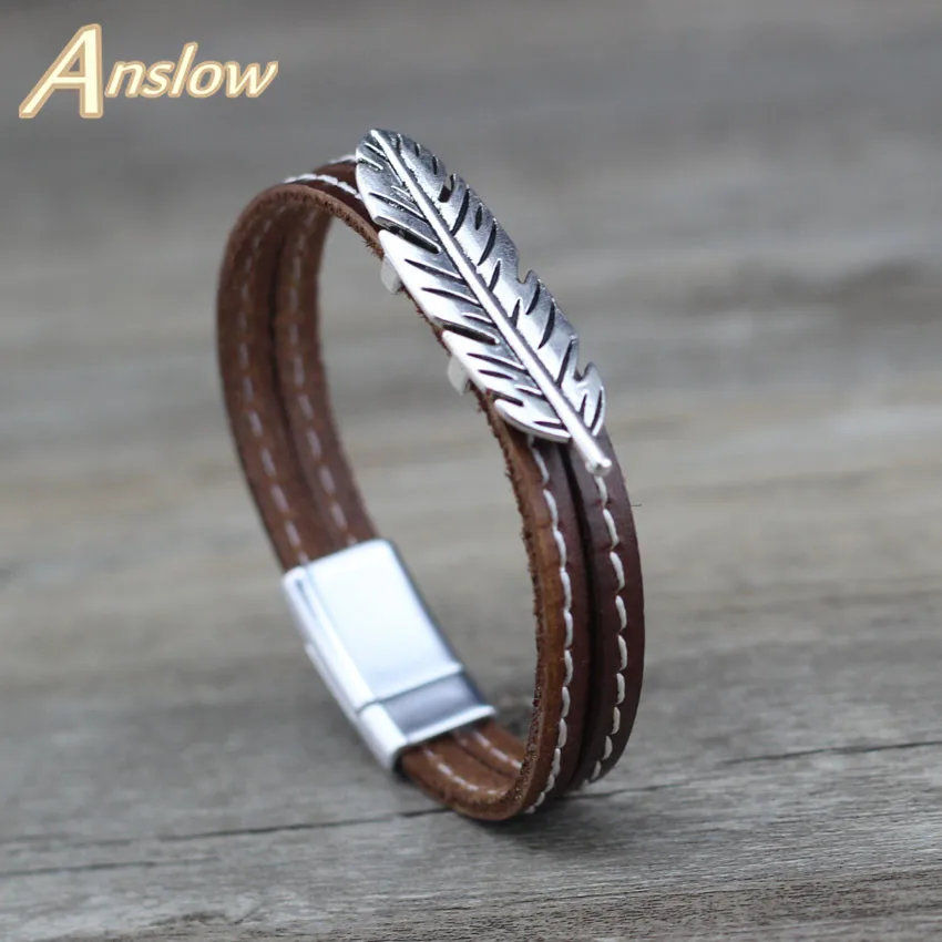 

Anslow 2018 Fashion Jewelry New Brand Vintage Charm Cuff Unisex Feather Leather Bracelet Men Unisex Christmas Gift LOW0677LB