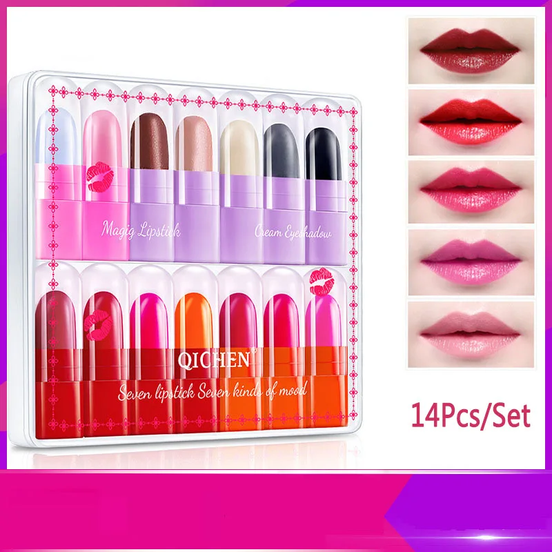 

14 Color Mini Lipstick Suit Shimmer Eye Shadow Makeup Kit Mini Shadow Kit Travel Set Makeup Set Major Blusher Lipstick Free Ship