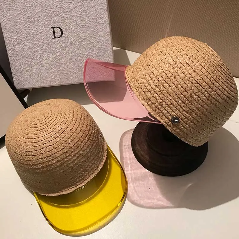 

New Men Women Summer Hat Handmade Raffia Sun visor hat with Transparent Plastic PVC Sunshade Visor Cap in black blue pink orange