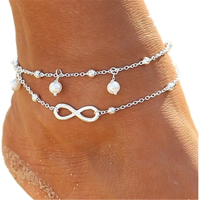 New Vintage Simulated pearl Anklets Foot Jewelry 8 Chain Women Gold