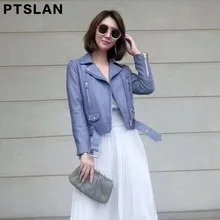 Ptslan New Autumn Fashion Street Women s Short Real Leather Jacket Zipper Bright Ladies Basic Sky