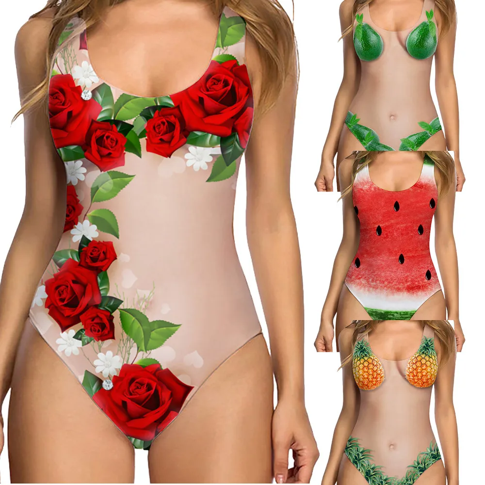 

7 Colors Women Sexy High Cut One Piece Plant Print Swimsuit Funny Push Up Padded Bra Bathing Suit Monokini Swimwear Jumpsuit