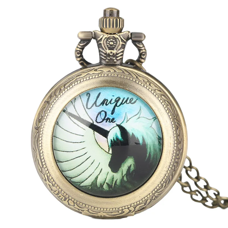 High Quaity Bronze Unicorn Design Fob Pocket Watch Quartz With Necklace