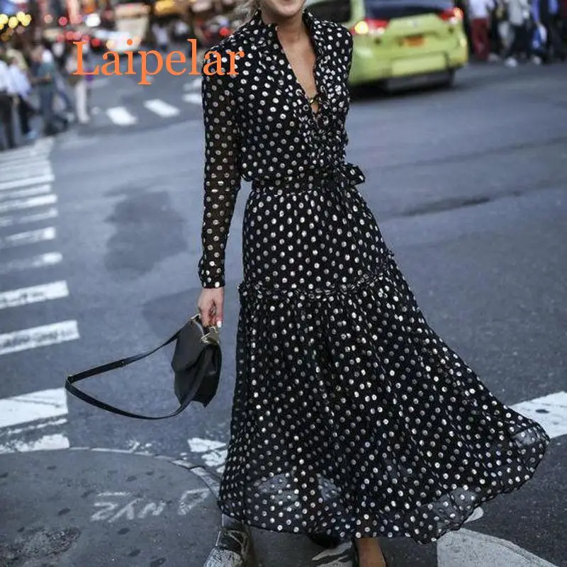 

Laipelar Bohemian Style Women Dress Sexy Vintage Polka Dot V-Neck Wrap Dress Elegant Women Dresses Evening Party High Waist Dres