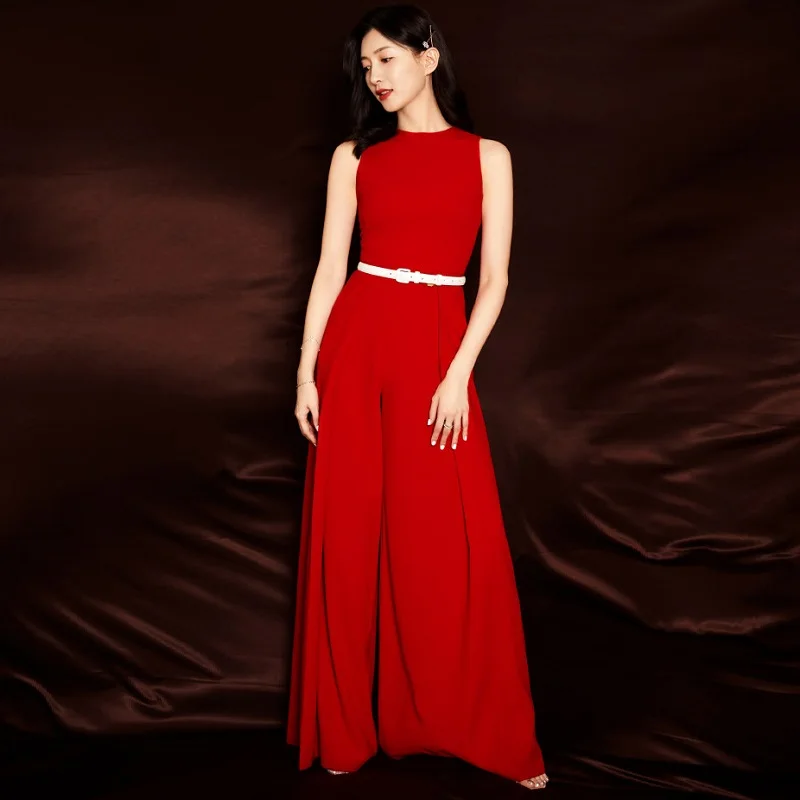 

2019 Summer Fashion Red Jumpsuits Women O-Neck White Belt Patchwork Sleeveless Wide Leg Pant Overalls Ladies Casual Jumpsuit