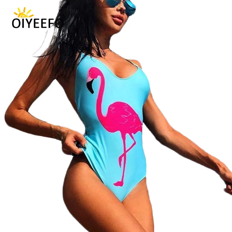 

Oiyeefo Shiny Sky Blue Flamingo Swimsuit One Piece Swimwear Female Cute Beach May Bathing Suits Women Bathers Monokini Plavky