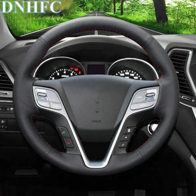 

DNHFC Black Leather Hand-stitched Car Steering Wheel Cover for Hyundai ix45 Santa Fe 2013 2014 2015 2016 Car Accessories