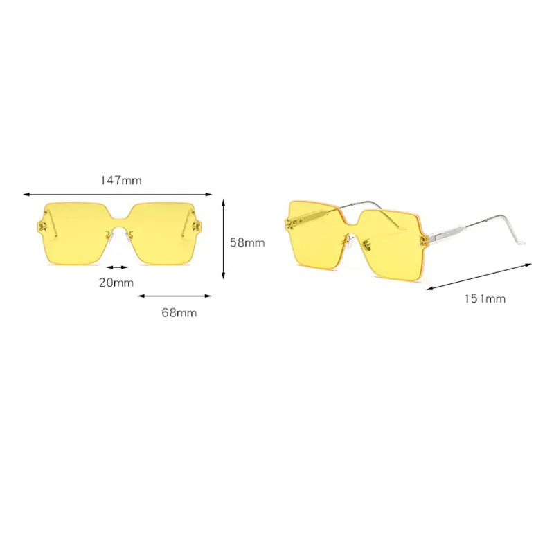 Большие желтые Квадратные Солнцезащитные очки для женщин, без оправы, Плоские линзы, цветные солнцезащитные очки для женщин и мужчин, солнцезащитные очки lunette de soleil