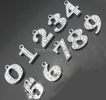 

Wholesale 100pcs/lot 0-9 rhinestone number hanging pendant charm fit for DIY necklace phone strips
