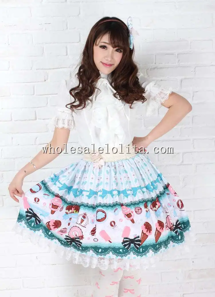 

Sweet Light Blue Ice Cream Print SK Sweet Lolita Pleated Skirt