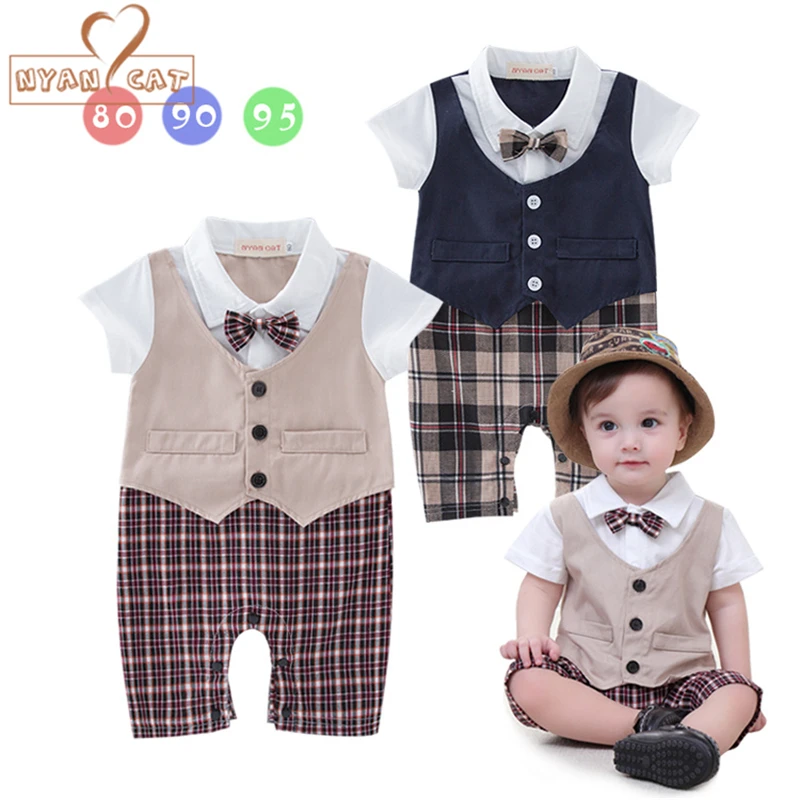 

Nyan Cat Baby boy romper summer short sleeves plaid gentleman bow tie blue kakhi toddler jumpsuits bebe rompers costume clothing