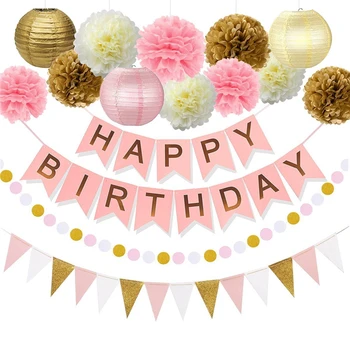 

Happy Birthday Bunting Banner Decorations Set Pink Gold Yellow Paper Pompoms Paper Flags for Birthday Party Decorations