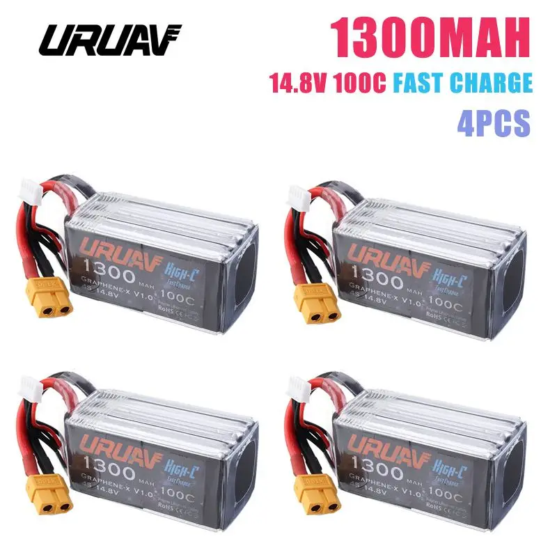 4 шт. URUAV Graphene-X Быстрая зарядка V1.0 4S 14 8 в 1300 мАч 100C Lipo батарея XT60 разъем для