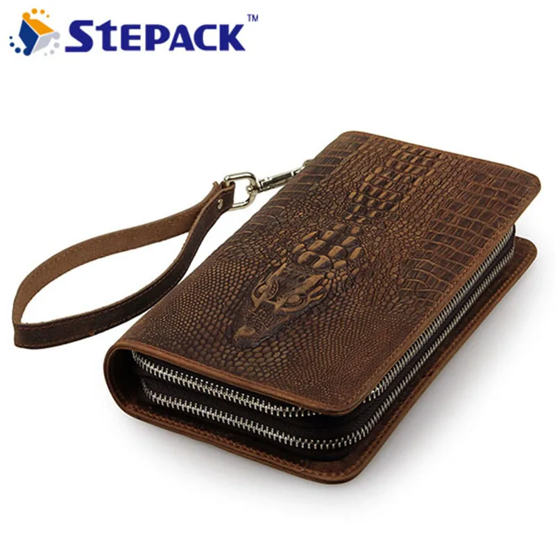 

Men's Wallet Natural Cowhide Leather Vintage Card Holder Purse Crocodile Long Design Wallet