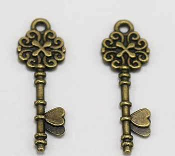 

100pcs Exquisite clover double heart key charm 34*11mm Antique silver Children's gift craft Jewelry earring bracelet necklace